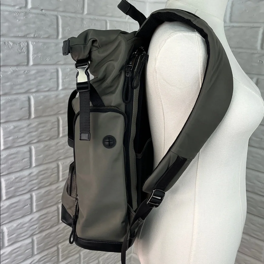 SAMSONIITE BACKPACK GREEN GRAY NYLON WITH BLACK COW LEATHER TRIM LAPTOP TRAVEL